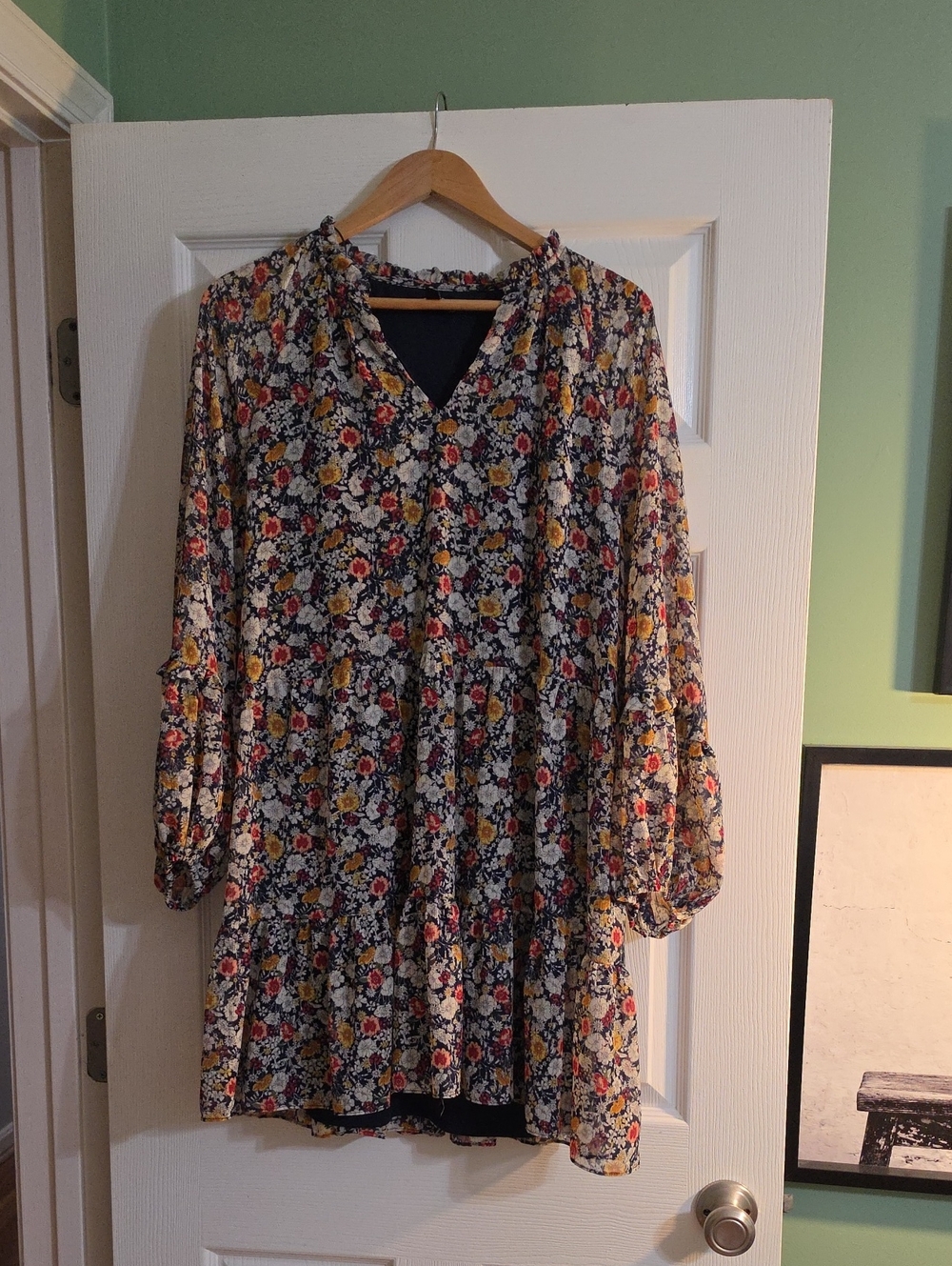 Floral V-Neck Tiered Women’s Dress - Navy with Multicolor Floral